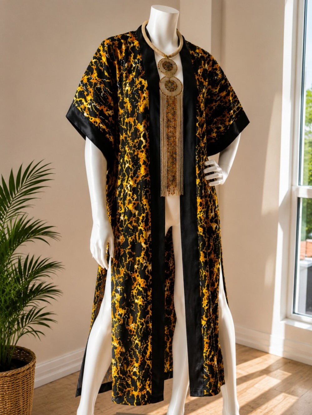 Stylish Black and Gold Marble Kimono Robe - Handmade